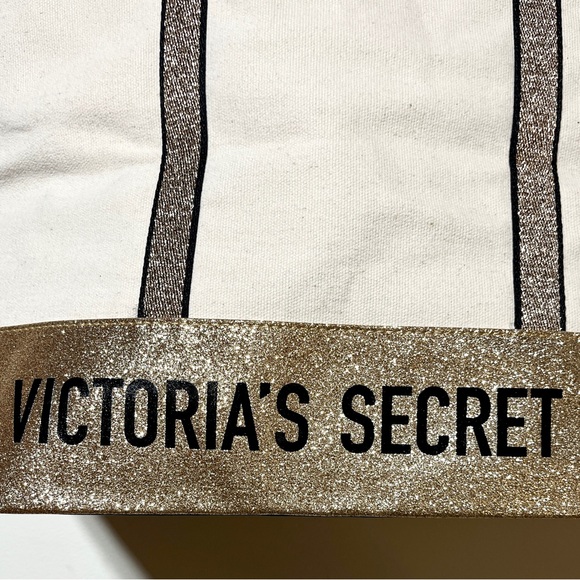 NWT Victoria's Secret Beige Canvas Zipper Gold Sparkle Glitter Tote Bag  Zip Up‎ - Picture 6 of 9